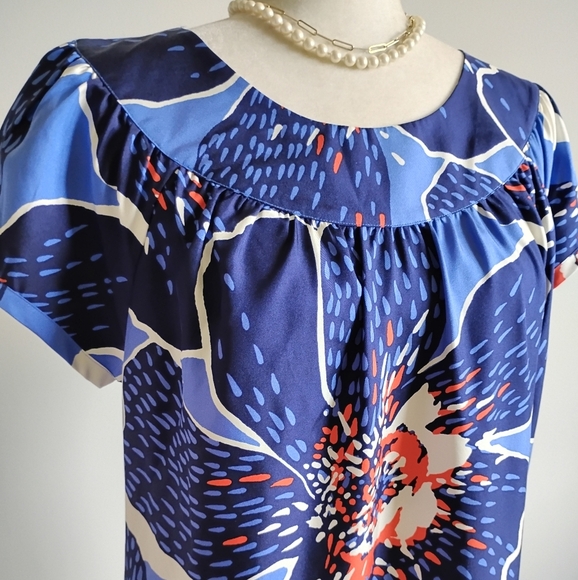 Victor Alfaro 100% Silk Navy Blue Floral Shift Dress Colorful Day Evening Sz 10 - Picture 4 of 16